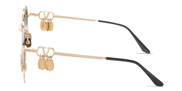 Shop VALENTINO V Logo Round Sunglasses with Dangling Charms in Gold online.