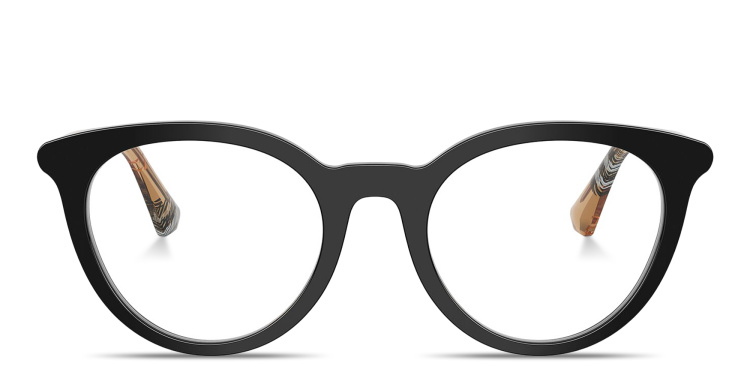 Shop BURBERRY Check Round Eyeglasses in Black online.