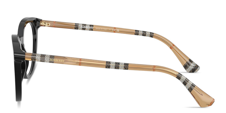 Shop BURBERRY Check Round Eyeglasses in Black online.