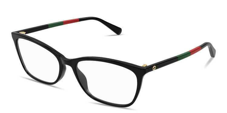 Shop GUCCI GG Logo Wide Rectangle Eyeglasses in Black online.