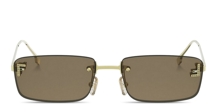 Shop FENDI First Crystal Rimless Rectangle Sunglasses in Gold online.