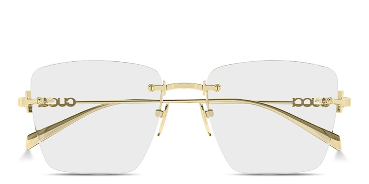 Shop GUCCI Logo Signature Rimless Square Eyeglasses in Gold online.