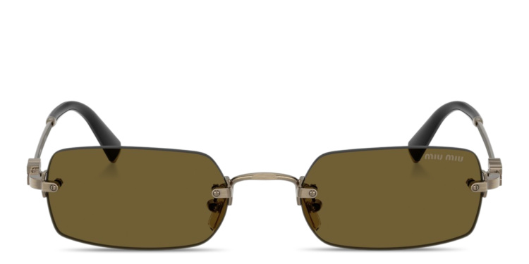 Shop MIU MIU Vertical Logo Rimless Rectangle Sunglasses in Gold online.