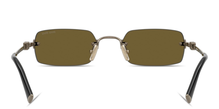 Shop MIU MIU Vertical Logo Rimless Rectangle Sunglasses in Gold online.