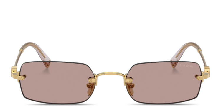 Shop MIU MIU Vertical Logo Rimless Rectangle Sunglasses in Gold online.