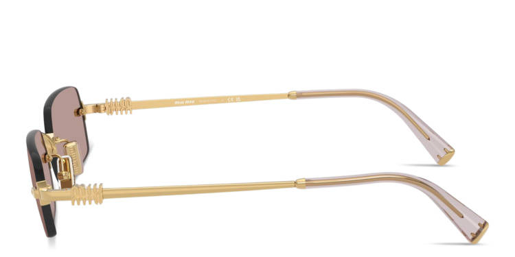 Shop MIU MIU Vertical Logo Rimless Rectangle Sunglasses in Gold online.