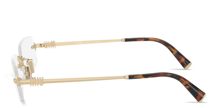 Shop MIU MIU Vertical Logo Rimless Rectangle Eyeglasses in Gold online.