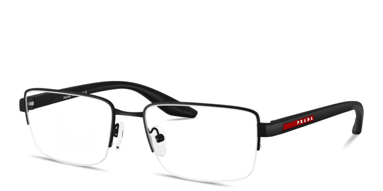 Shop Prada Linea Rossa Logo Signature Half-Rim Wide Pillow Eyeglasses in Black online.