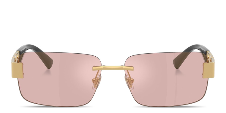 Shop VERSACE Greca Rimless Rectangle Sunglasses in Gold online.