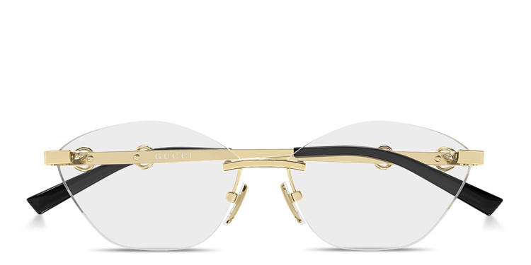 Shop GUCCI Horsebit Wide Rimless Cat-Eye Eyeglasses in Gold online.
