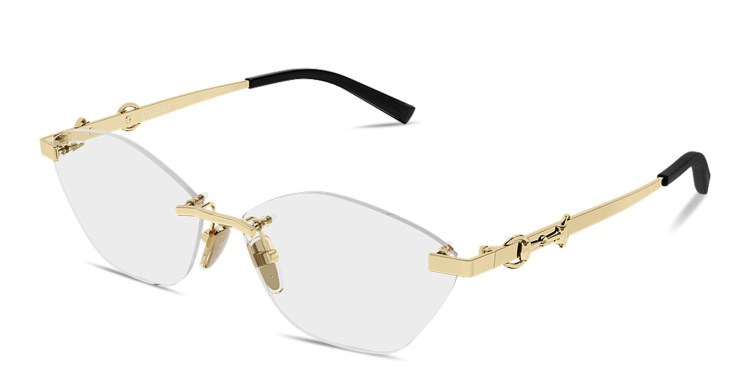 Shop GUCCI Horsebit Wide Rimless Cat-Eye Eyeglasses in Gold online.