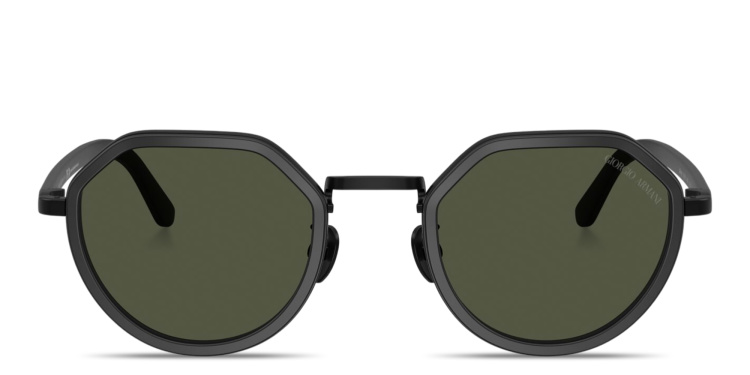 Shop GIORGIO ARMANI Engraved Logo Round Sunglasses in Black online.