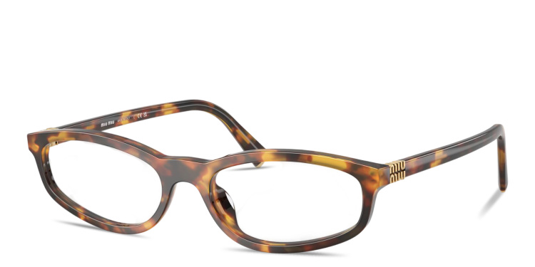Shop MIU MIU Vertical Logo Oval Eyeglasses in Havana online.