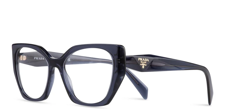 Shop PRADA Irregular Eyeglasses in Blue online.