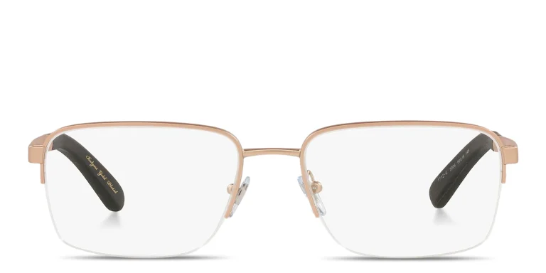 Shop BVLGARI Wide Half-Rim Rectangle Eyeglasses in Gold online.