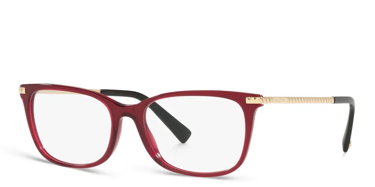 Shop VALENTINO Stud Rectangle Eyeglasses in Red online.