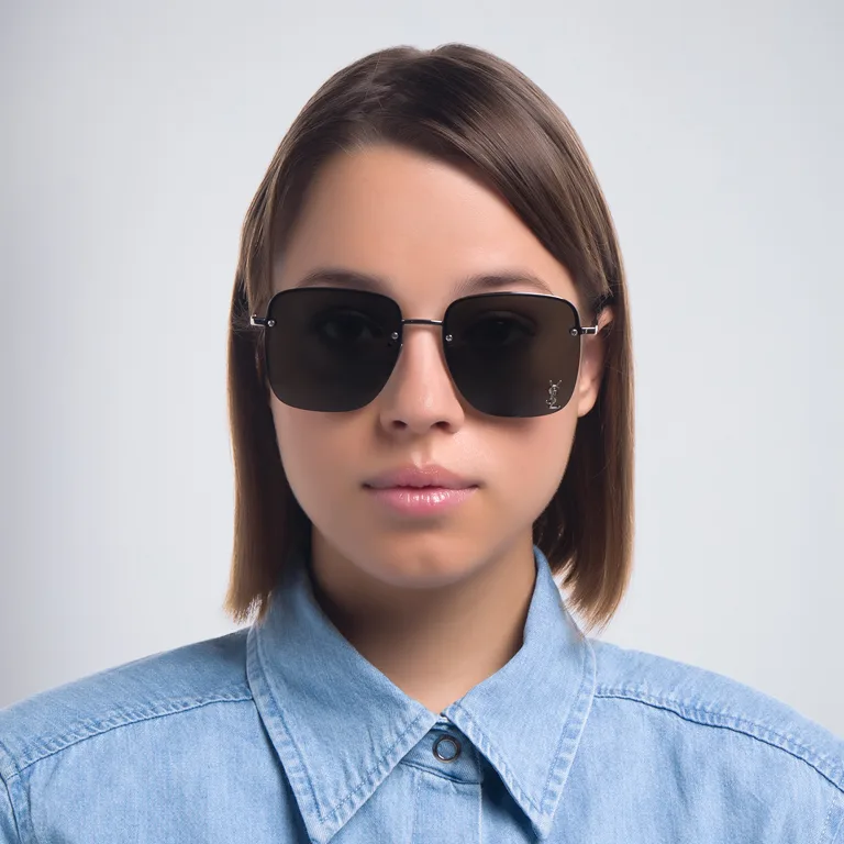 Shop SAINT LAURENT Half-Rim Square Sunglasses in Silver online.