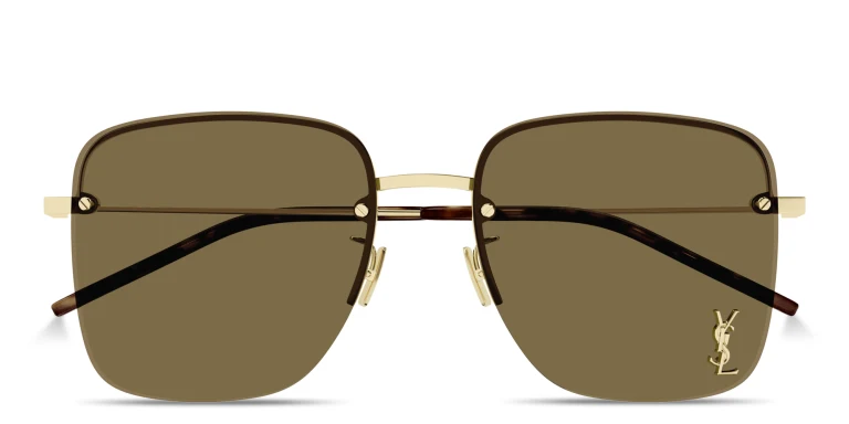 Shop SAINT LAURENT YSL Logo Oversized Half-Rim Square Sunglasses in Gold online.