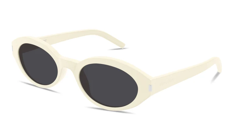 Shop SAINT LAURENT Engraved Logo Oval Sunglasses in Beige online.