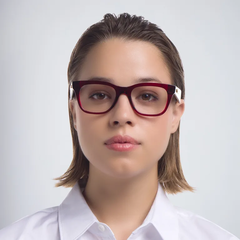 Shop BOTTEGA VENETA Unisex Rectangle Eyeglasses in Red online.