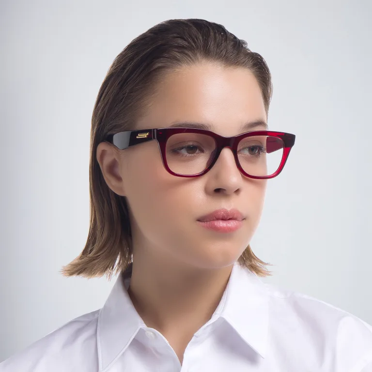 Shop BOTTEGA VENETA Unisex Rectangle Eyeglasses in Red online.