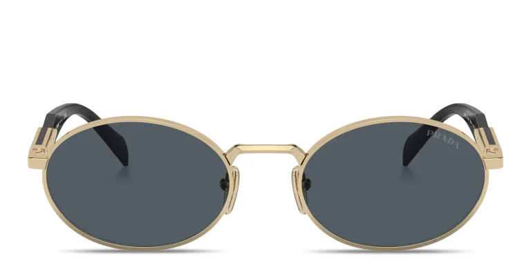 Shop PRADA Engraved Logo Oval Sunglasses in Gold online.
