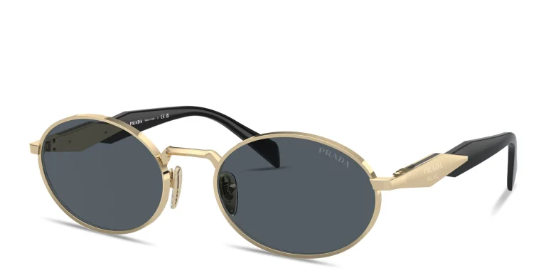 Shop PRADA Engraved Logo Oval Sunglasses in Gold online.