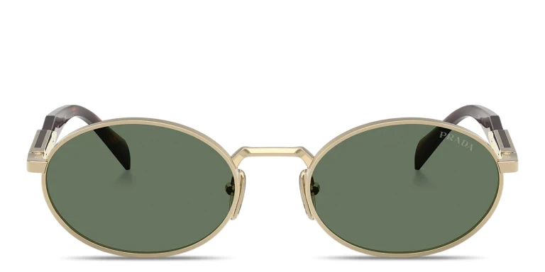 Shop PRADA Engraved Logo Oval Sunglasses in Gold online.