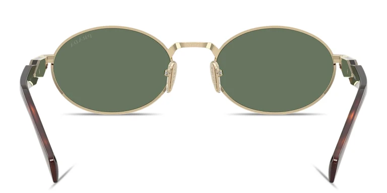 Shop PRADA Engraved Logo Oval Sunglasses in Gold online.
