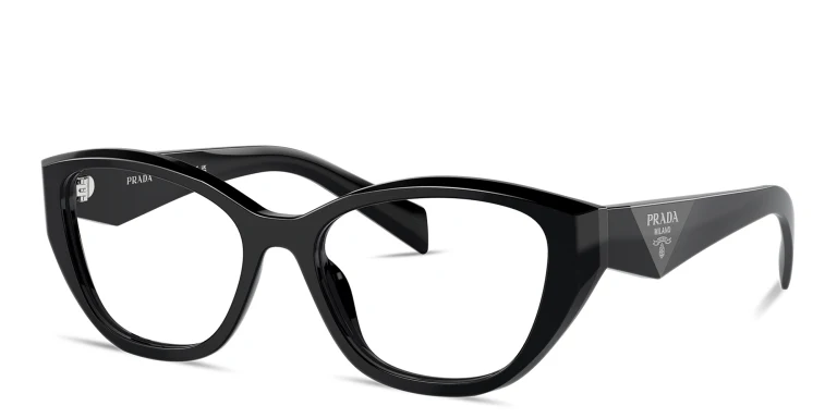 Shop PRADA Logo-Print Cat-Eye Eyeglasses in Black online.