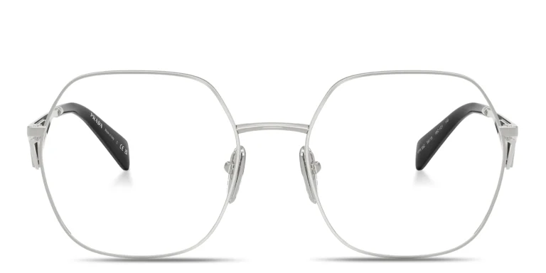 Shop PRADA Triangle Logo Oversized Wide Irregular Eyeglasses in Silver online.