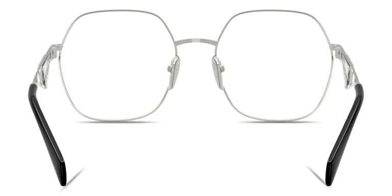 Shop PRADA Triangle Logo Oversized Wide Irregular Eyeglasses in Silver online.