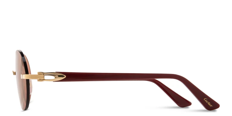 Shop Cartier Rimless Round Sunglasses with Elongated C de Cartier Motif in Gold online.