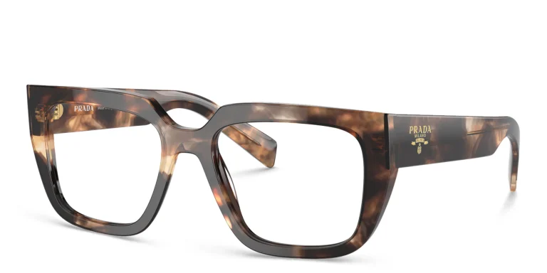 Shop PRADA Logo Irregular Eyeglasses in Havana online.