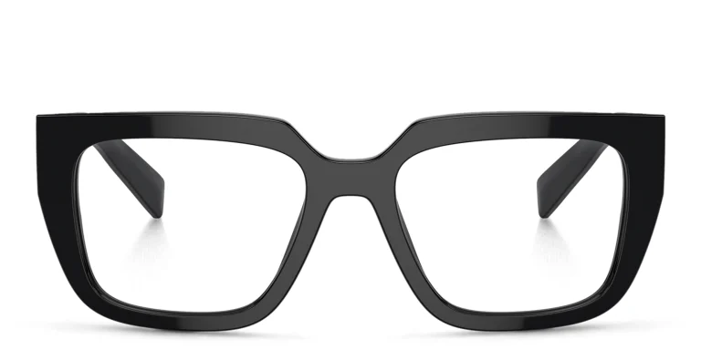 Shop PRADA Logo Irregular Eyeglasses in Black online.