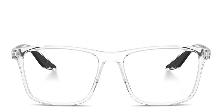 Shop Prada Linea Rossa Logo Lettering Wide Pillow Eyeglasses in Clear online.