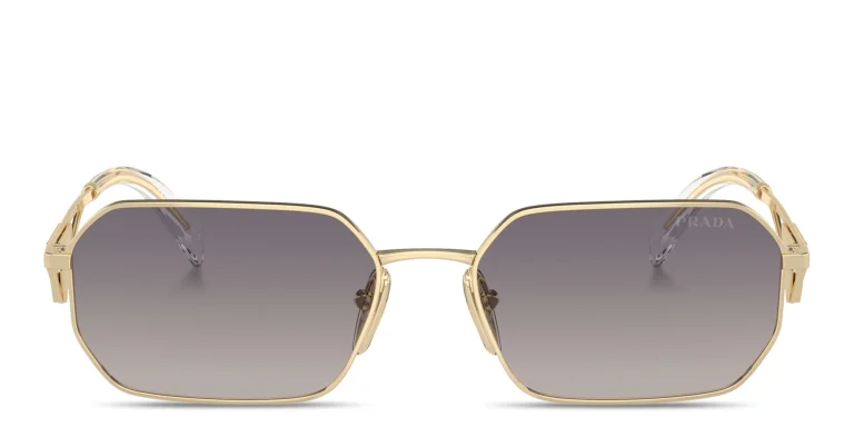 Shop PRADA Triangle Logo Irregular Sunglasses in Gold online.