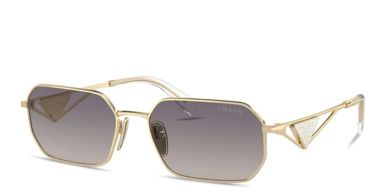Shop PRADA Triangle Logo Irregular Sunglasses in Gold online.