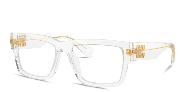 Shop MIU MIU Vertical Logo Rectangle Eyeglasses in Clear online.