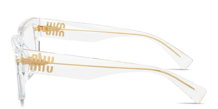 Shop MIU MIU Vertical Logo Rectangle Eyeglasses in Clear online.
