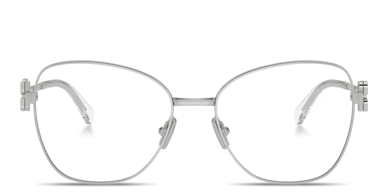 Shop MIU MIU Vertical Logo Cat-Eye Eyeglasses in Silver online.