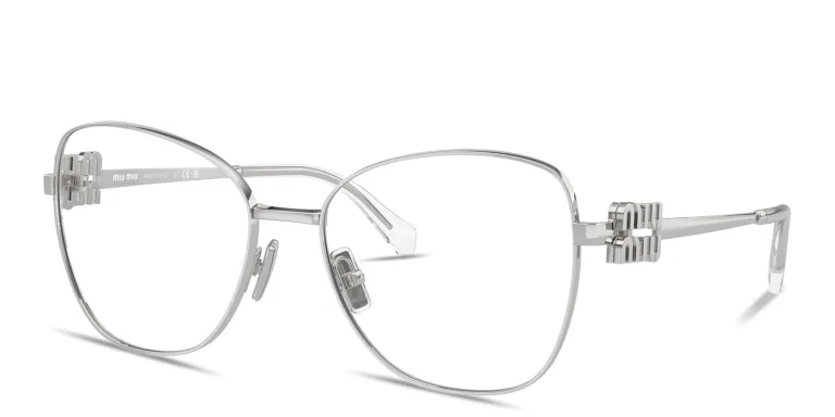 Shop MIU MIU Vertical Logo Cat-Eye Eyeglasses in Silver online.