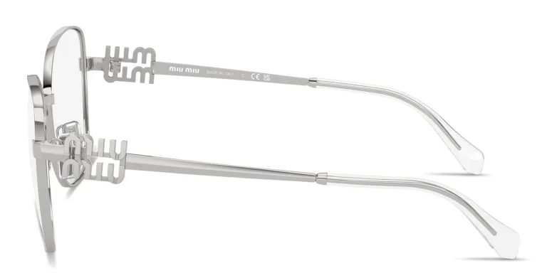 Shop MIU MIU Vertical Logo Cat-Eye Eyeglasses in Silver online.