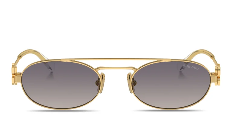 Shop MIU MIU Vertical Logo Oval Sunglasses in Gold online.