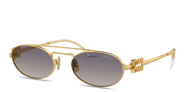 Shop MIU MIU Vertical Logo Oval Sunglasses in Gold online.
