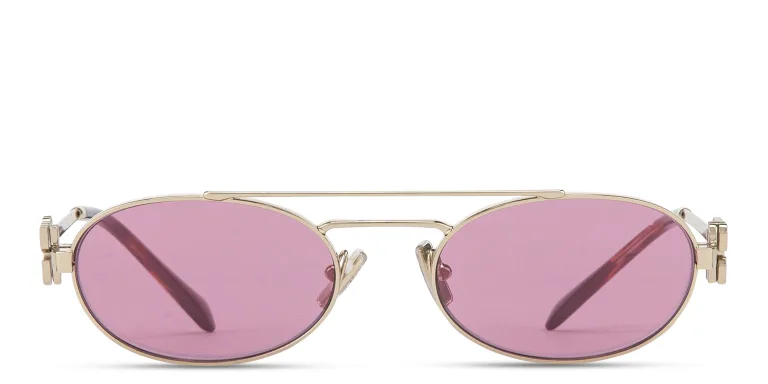 Shop MIU MIU Vertical Logo Oval Sunglasses in Gold online.