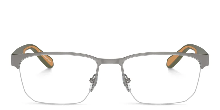 Shop Emporio Armani Logo Wide Half-Rim Irregular Eyeglasses in Gunmetal online.