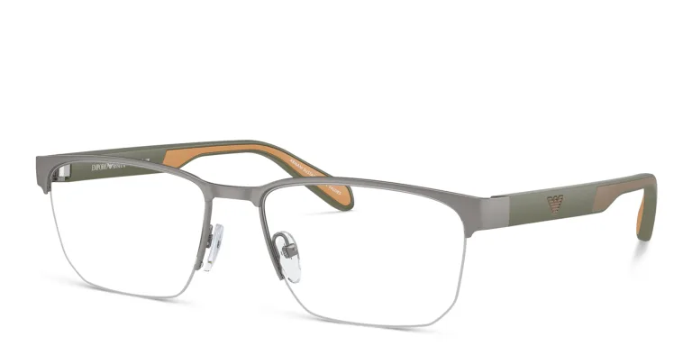 Shop Emporio Armani Logo Wide Half-Rim Irregular Eyeglasses in Gunmetal online.