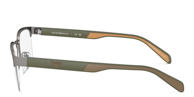 Shop Emporio Armani Logo Wide Half-Rim Irregular Eyeglasses in Gunmetal online.