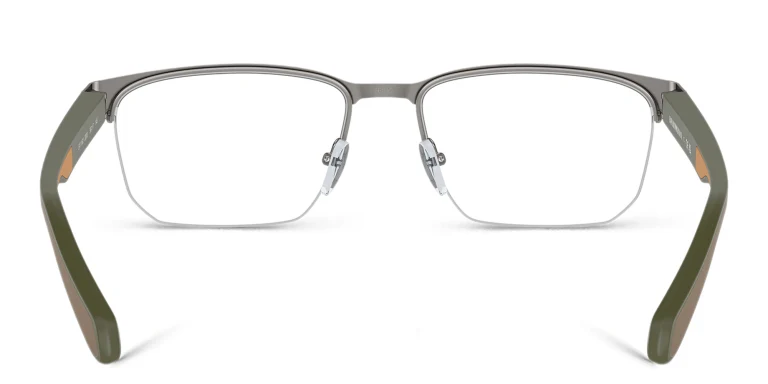 Shop Emporio Armani Logo Wide Half-Rim Irregular Eyeglasses in Gunmetal online.